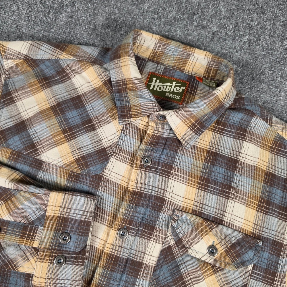 Howler Bros Harker's Flannel Shirt Mens M Brown Blue Plaid Long Sleeve Button Up